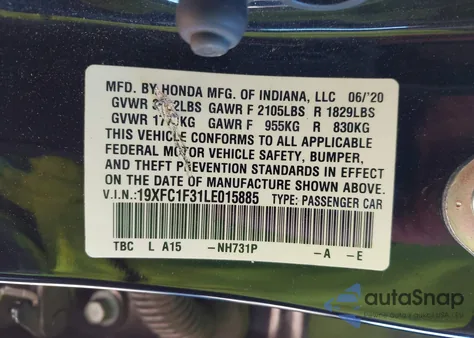 2020 Honda Civic Ex from USA, damaged, VIN 19XFC1F31LE015885